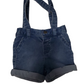 Blue denim short jumper with gray trim on a white background