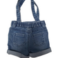 Blue denim short overall with gray collar on a white background