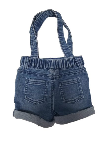 Blue denim short overall with gray collar on a white background