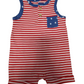 Red and white striped romper with blue accents and star patterns on a white background