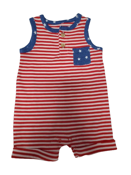 Red and white striped romper with blue accents and star patterns on a white background