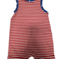 Red and white striped romper with blue trim on a white background