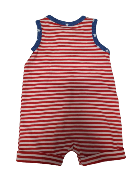 Red and white striped romper with blue trim on a white background