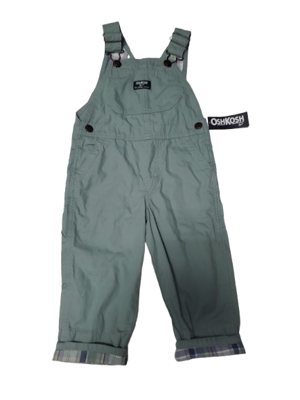 Green overalls with plaid cuffs and OshKosh branding on a white background