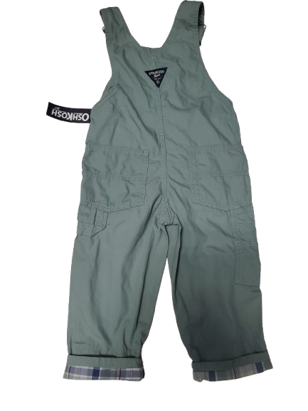 Green bib overalls with a visible brand label on a white background