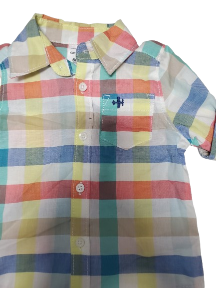 Colorful checkered shirt with a visible brand logo on a white background