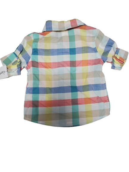 Colorful plaid baby shirt with a matching headband on a white background