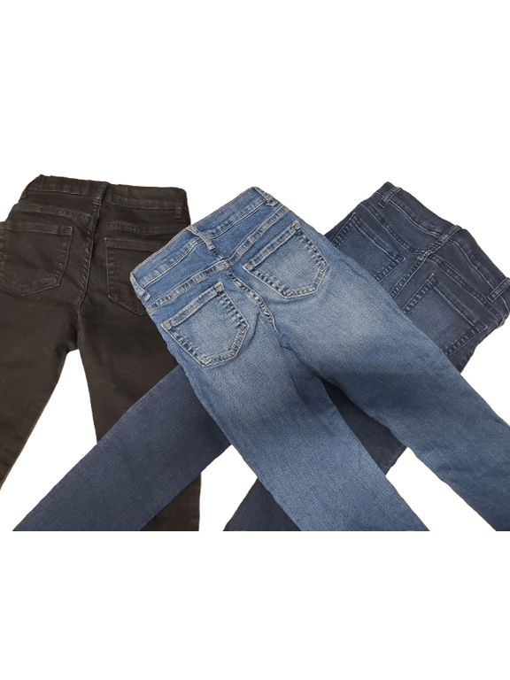 Pair of blue jeans and brown pants on a white background