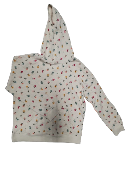Beige hoodie with colorful floral pattern on a white background