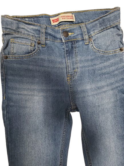 Blue jeans with Levi's branding on a white background