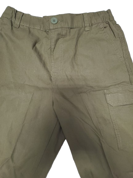 Close-up of olive green pants on a white background