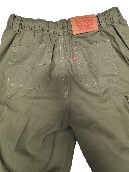 Olive green pants with a visible brand tag on a white background