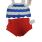 Two pairs of underwear, one blue and white striped, the other red, on a white background.