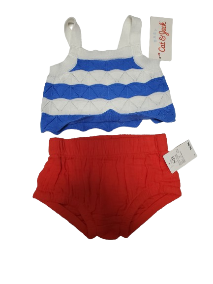 Blue and white striped baby romper and red baby shorts with tags on a white background