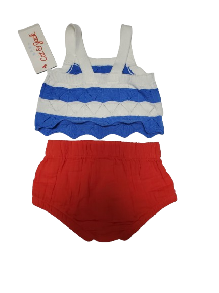 White tank top with blue and red stripes and red shorts on a white background