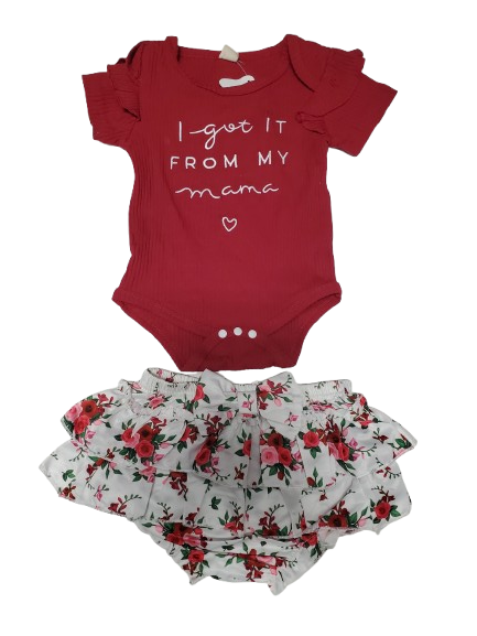 Red baby onesie with text and floral-patterned baby romper on a white background