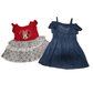 Children's clothing including a red shirt with a floral design, a navy blue dress, and a floral headband on a white background.