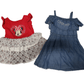 Three pieces of children's clothing including a floral dress, red shirt with graphic design, and denim skirt on a white background.