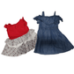 Three skirts in blue, red, and floral pattern on a white background