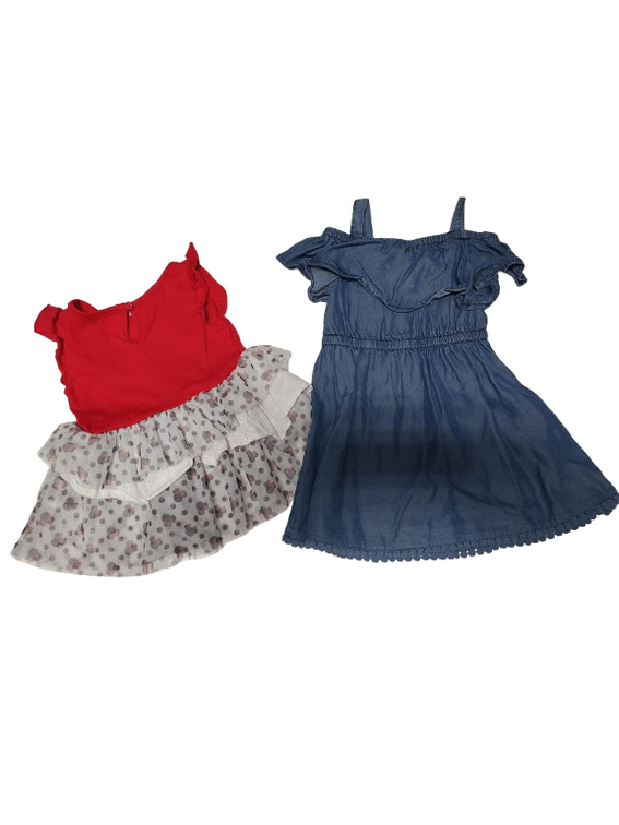 Three skirts in blue, red, and floral pattern on a white background