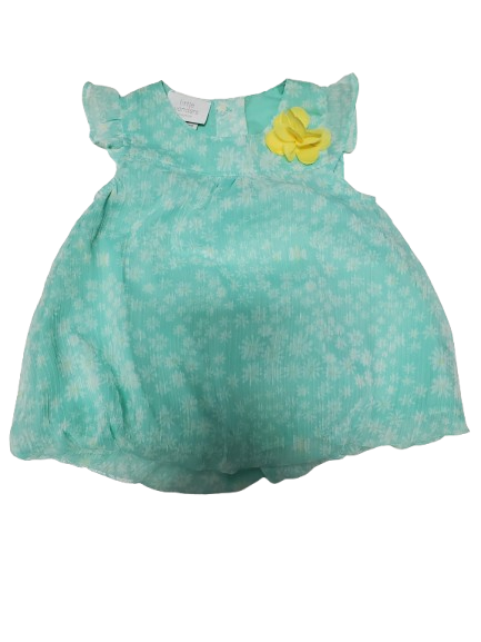 Green baby dress with a yellow flower on a white background