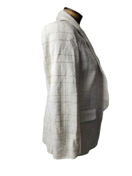 Plaid blazer on a mannequin against a white background