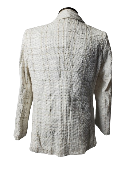 White textured blazer on a mannequin against a white background