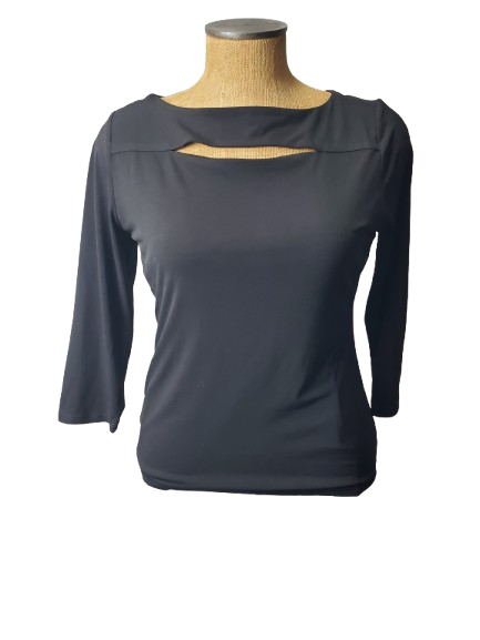 black long-sleeve top on a mannequin against a white background