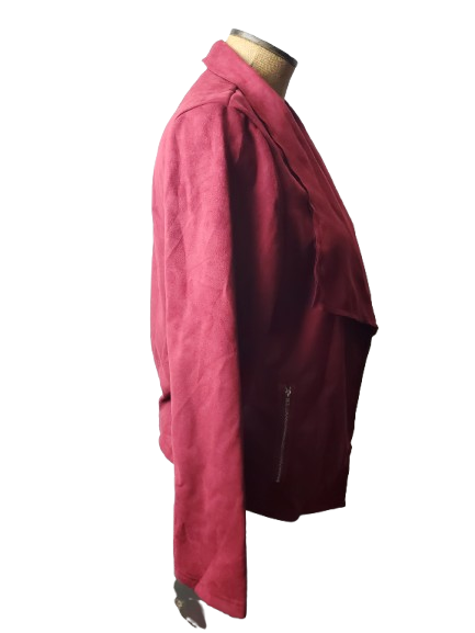 Maroon jacket on a mannequin against a white background