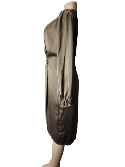 Brown one-shoulder dress on a mannequin against a white background