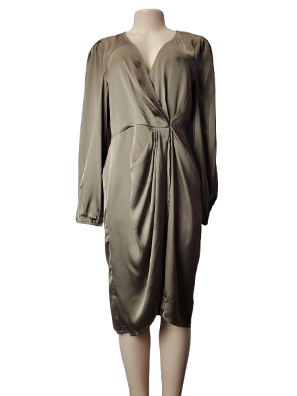 Gold satin dress on a mannequin against a white background