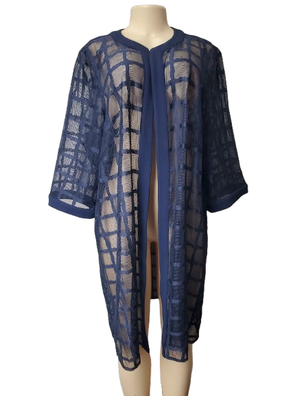 Blue patterned kimono-style garment on a mannequin against a white background