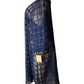Navy blue sheer dress with grid pattern on a mannequin against a white background