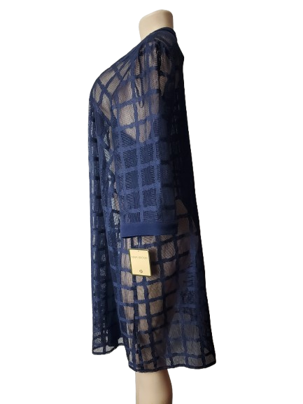 Navy blue sheer dress with grid pattern on a mannequin against a white background