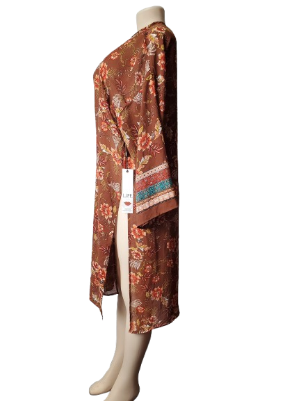 Brown floral kimono on a mannequin against a white background