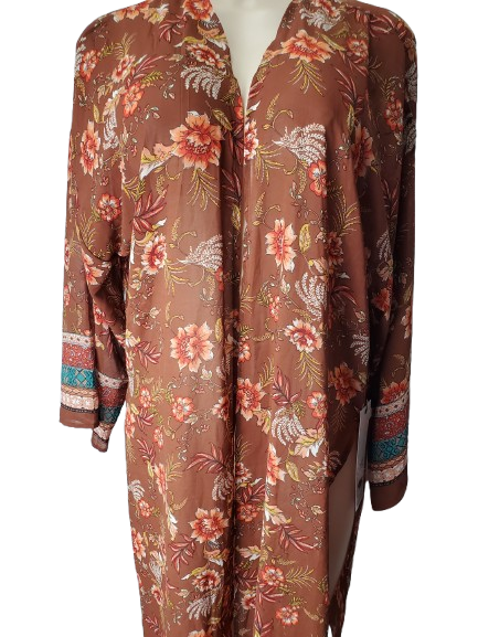 Floral patterned kimono-style garment on a white background