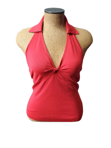 Red halter top on a mannequin against a white background