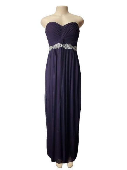 purple strapless gown with lace waistband on a mannequin against a white background