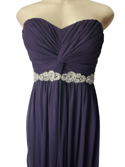 purple strapless dress with a silver embellished belt on a mannequin against a white background