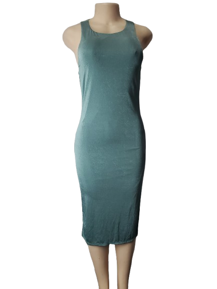 Green sleeveless dress on a mannequin against a white background