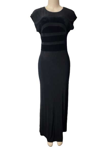 Black evening gown on a mannequin against a white background