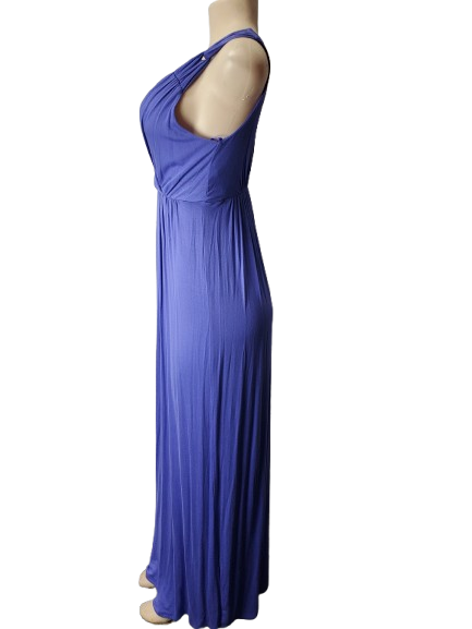 Blue evening gown on a mannequin against a white background