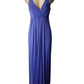 puple evening gown on a mannequin against a white background