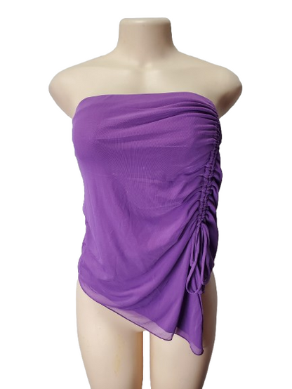 Purple strapless top on a mannequin against a white background