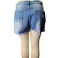 Blue denim shorts on a mannequin against a white background