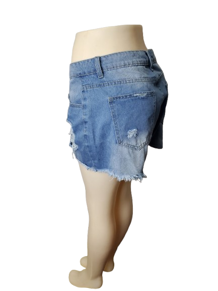 Denim skirt on a mannequin against a white background