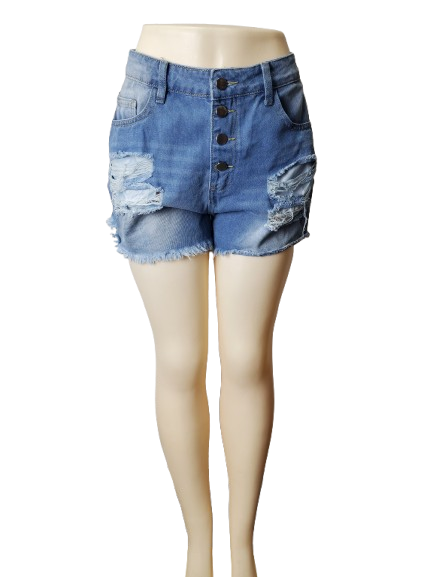 Denim shorts with distressed details on a mannequin against a white background