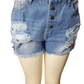 Denim shorts with distressed details on a white background
