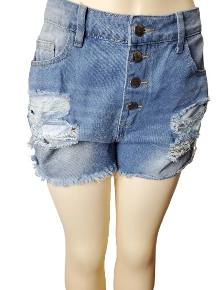 Denim shorts with distressed details on a white background
