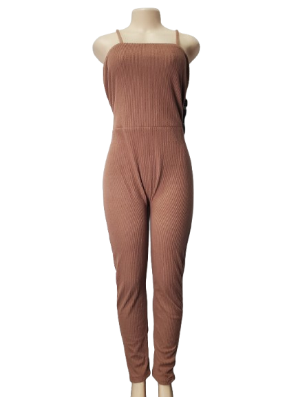 Brown ribbed jumpsuit on a mannequin against a white background